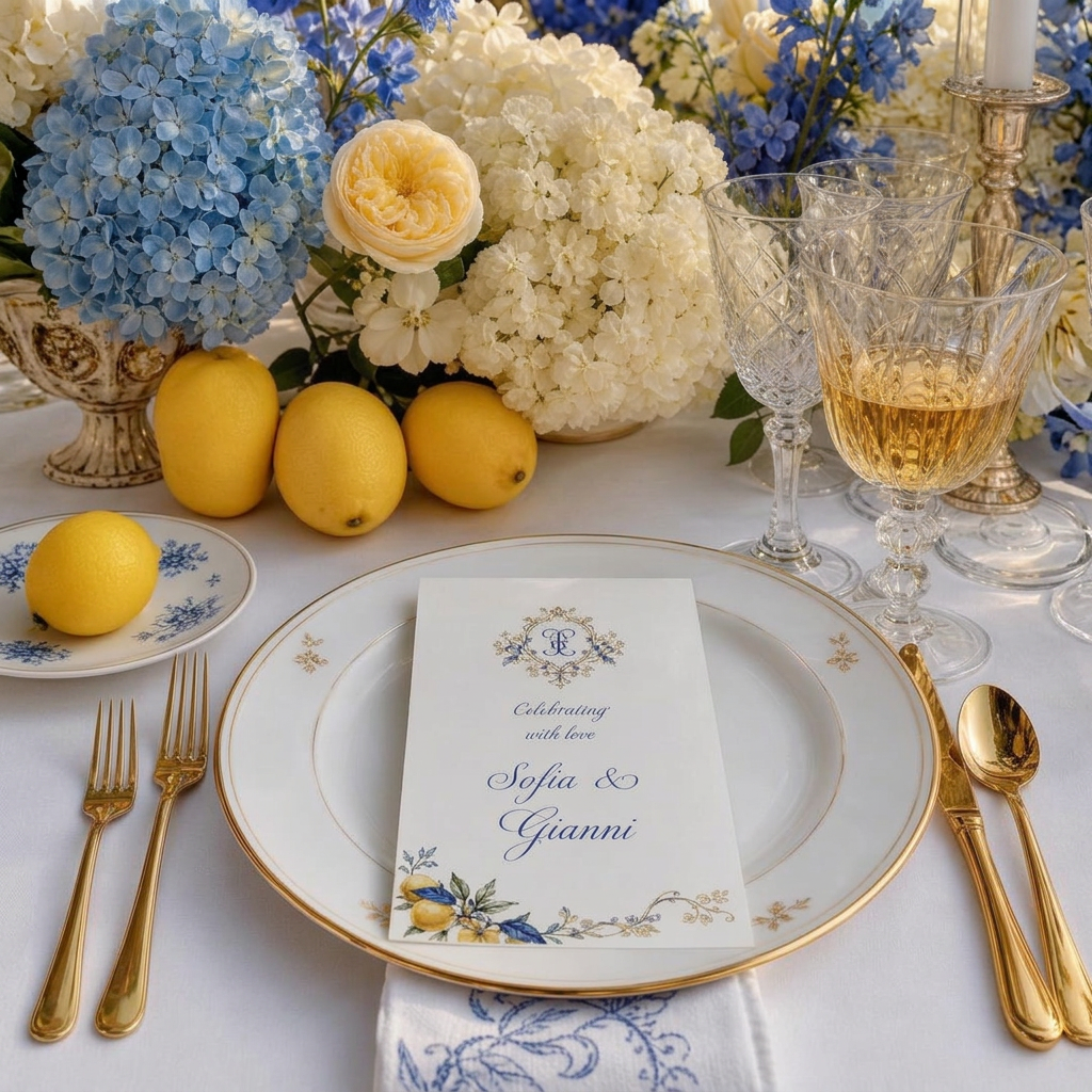 Blue hydrangeas, Italian ceramics and lemons with gold-rimmed chargers on white linen