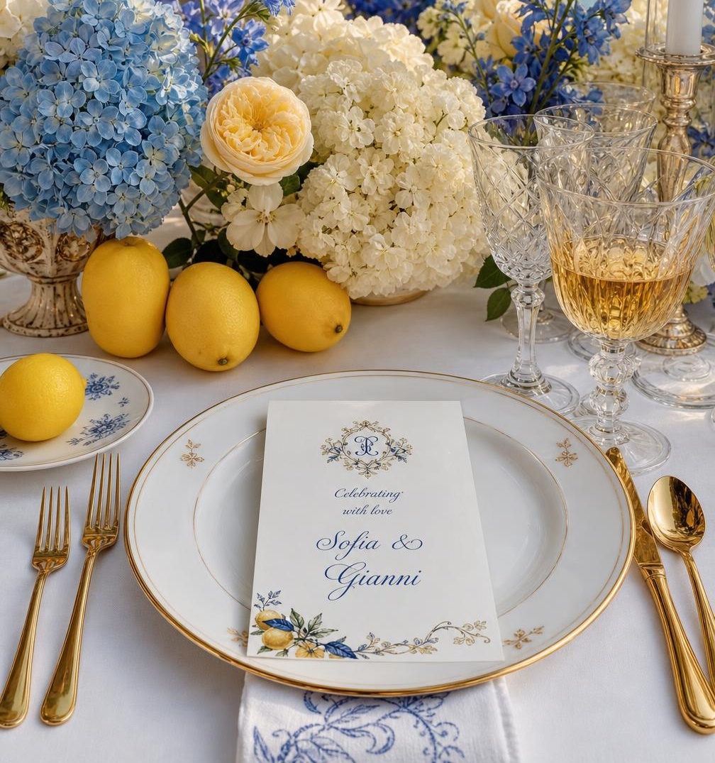 Blue hydrangeas, Italian ceramics and lemons with gold-rimmed chargers on white linen