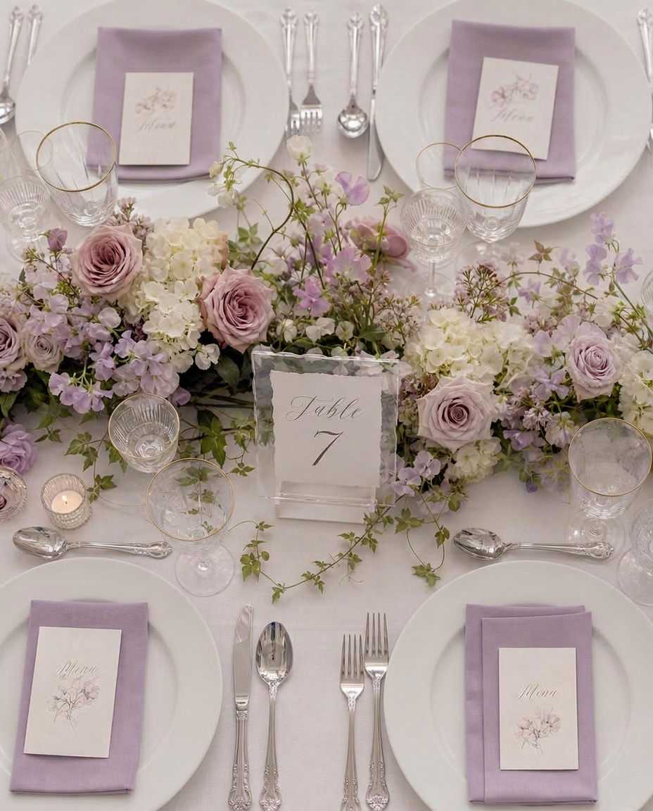 Lilac roses and sweet peas with cut crystal and a letterpress place card