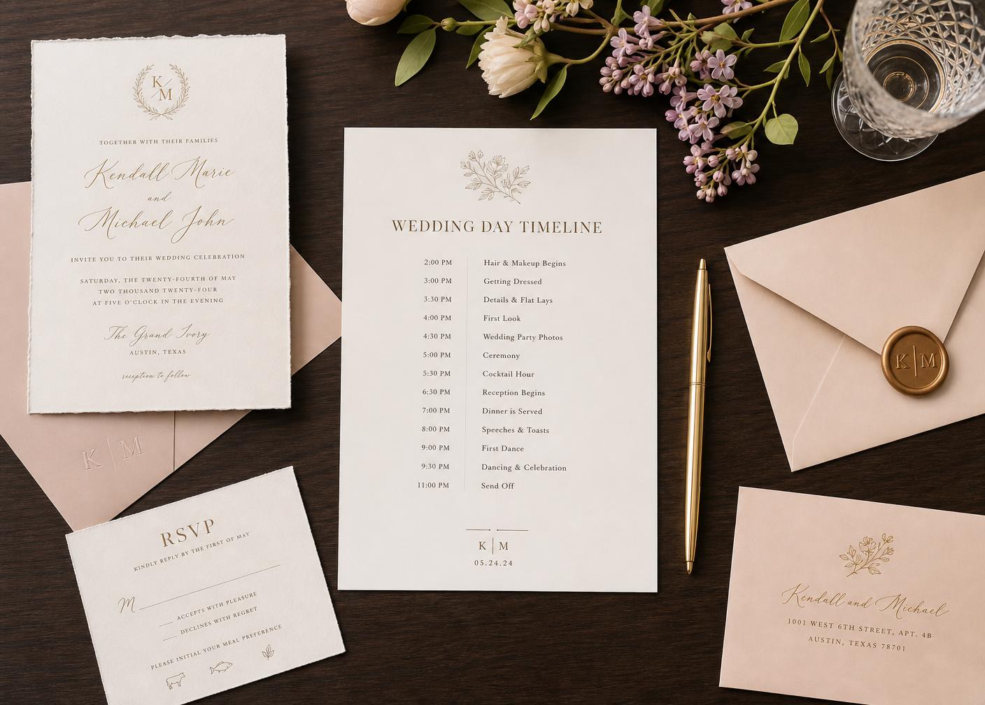 Ivory letterpress invitation suite with gold calligraphy on blush marble